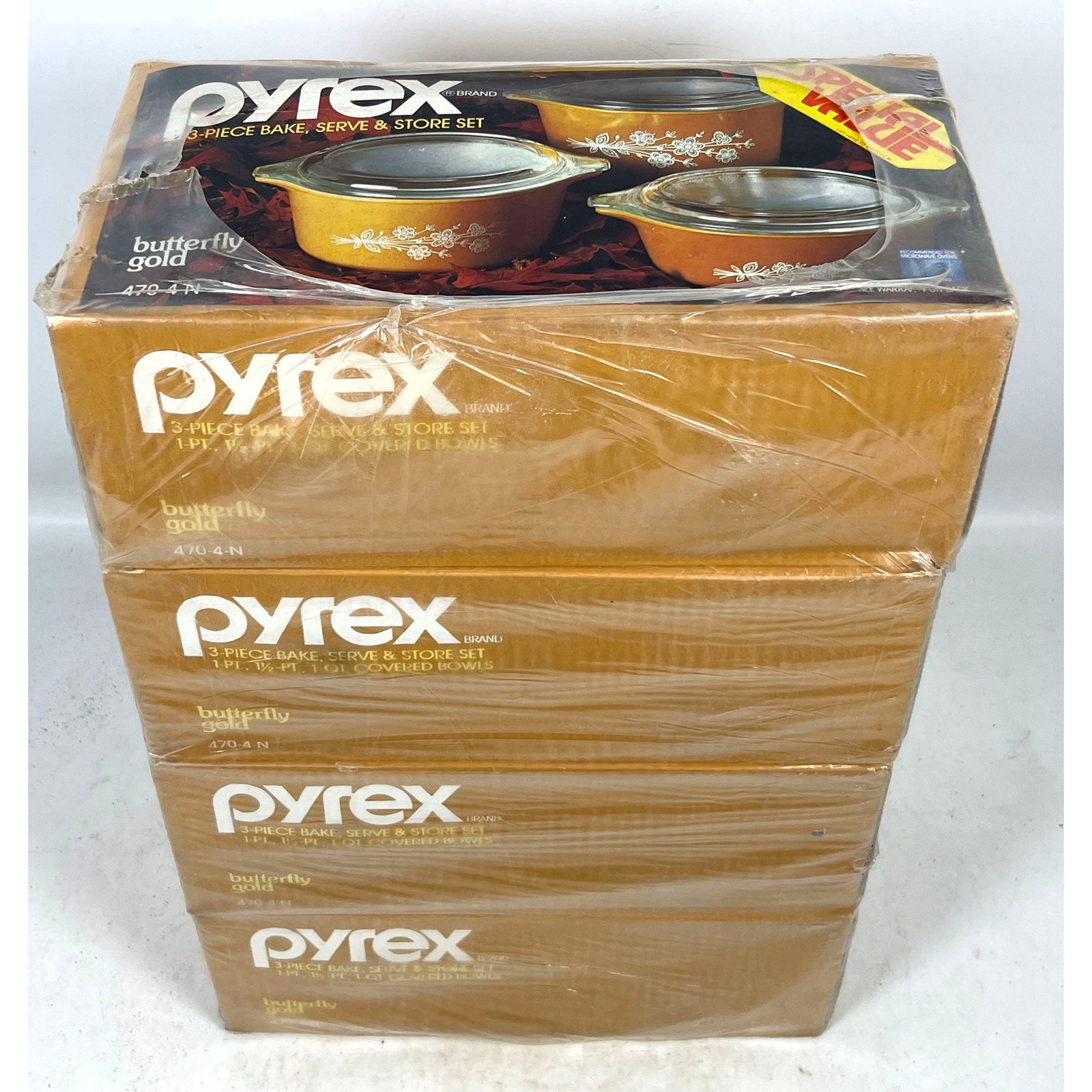4 Factory Boxes Pyrex Butterfly Gold 3pc Bake Serve and Store Sets. Model 470-4-N Dated 1981. New Ol (1 of 10)