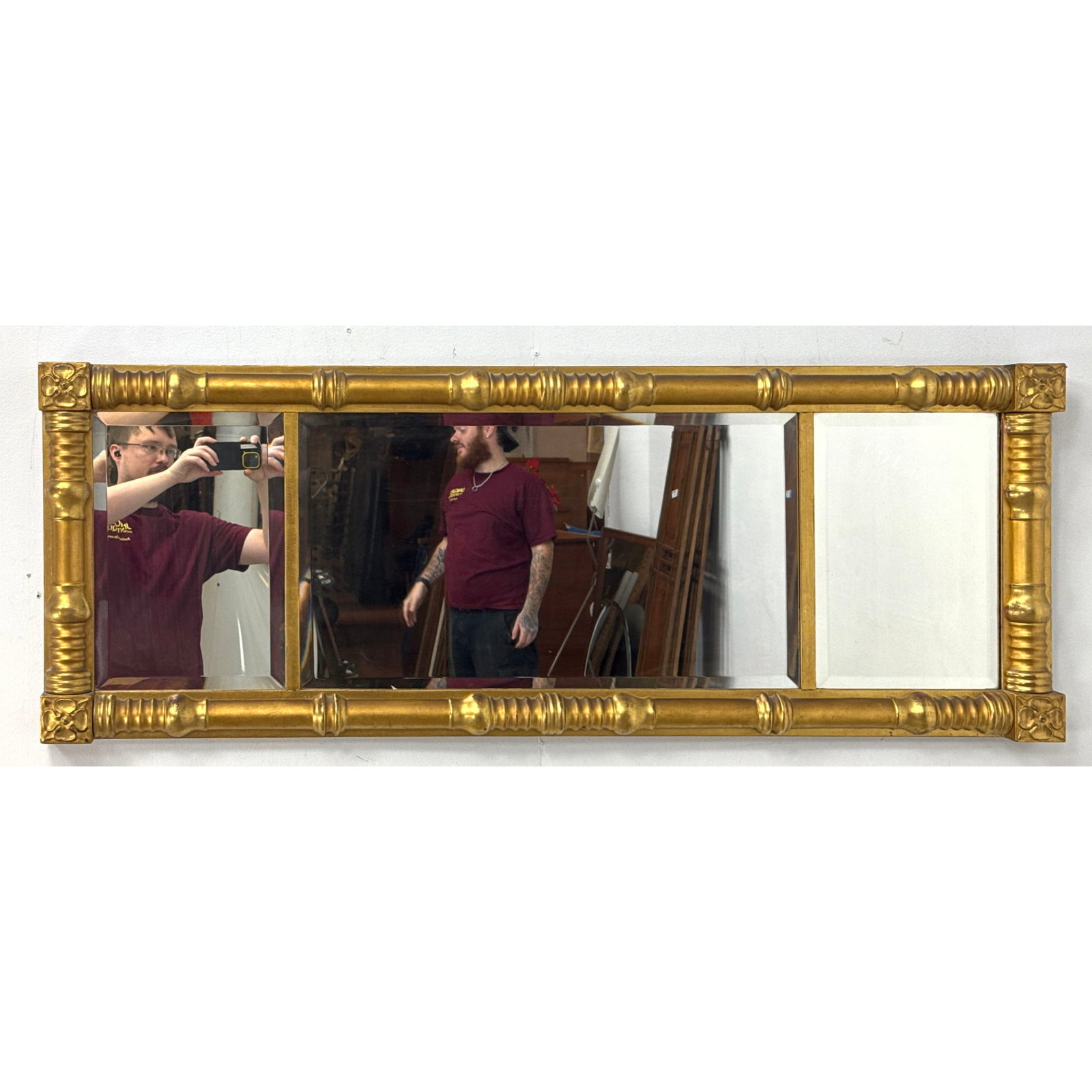 Antique American Empire Gilt Wood Triptych Over mantel Mirror with Bamboo Spindle Frame. (1 of 13)