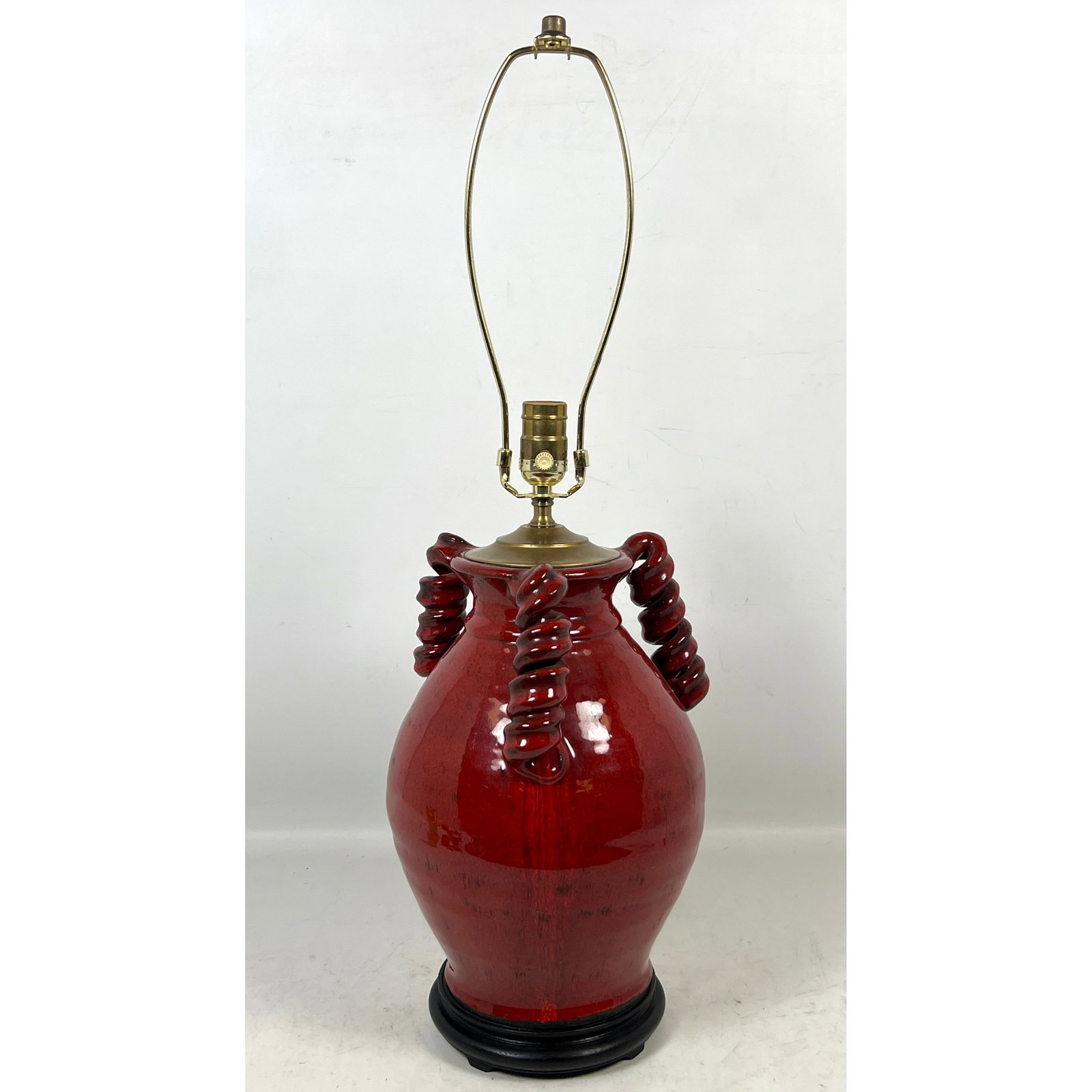 Mid Century Studio Pottery Glazed Ceramic Lamp, Italian with Curly Q handles.: Mid Century Studio Pottery Glazed Ceramic Lamp, Italian with Curly Q handles. Dimensions: Height: 29.5 inches, Width: 10 inches, Depth: 10 inches. ---