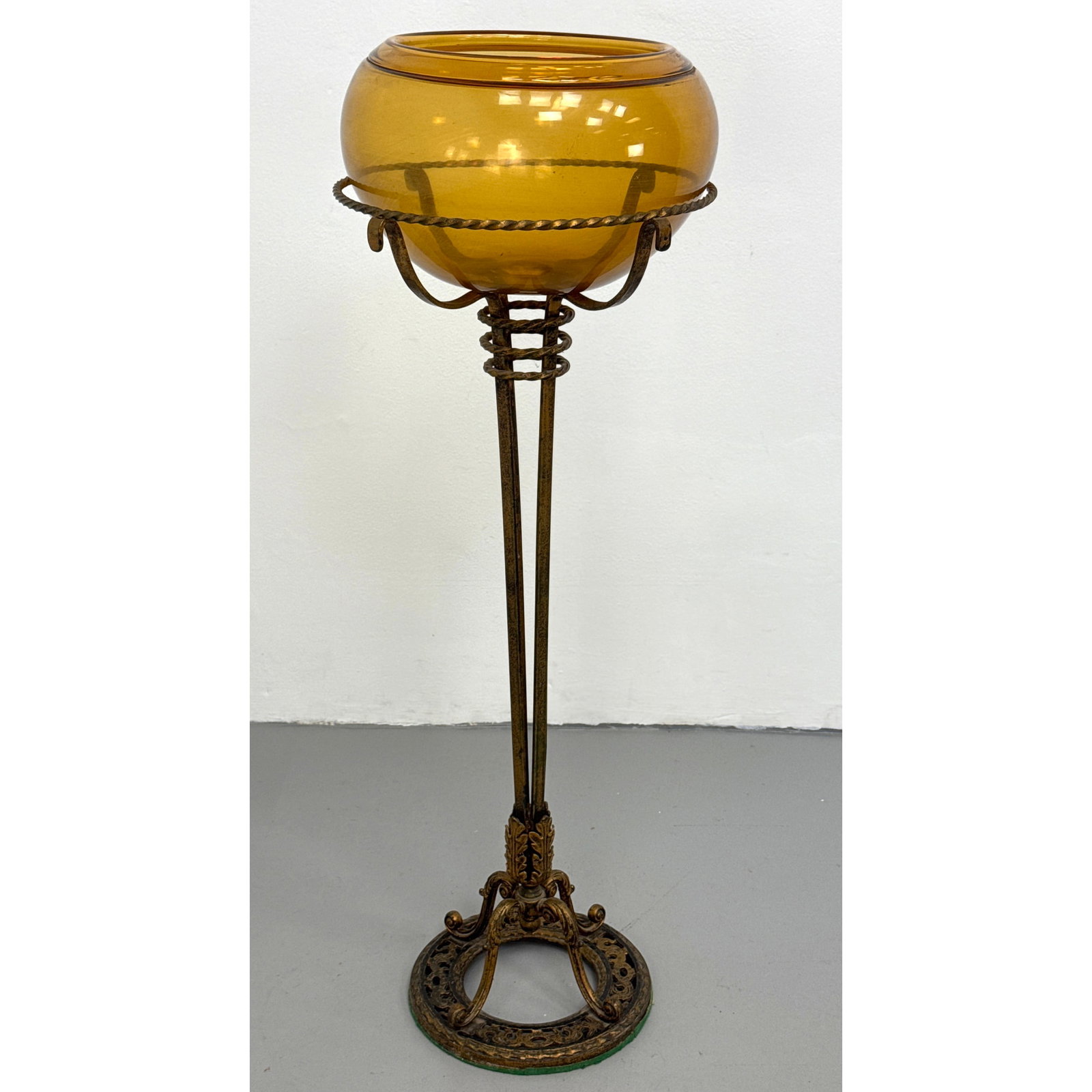 Amber Glass Fish Bowl on Ornate Gilt Iron Floor Stand. Unsigned. (1 of 8)