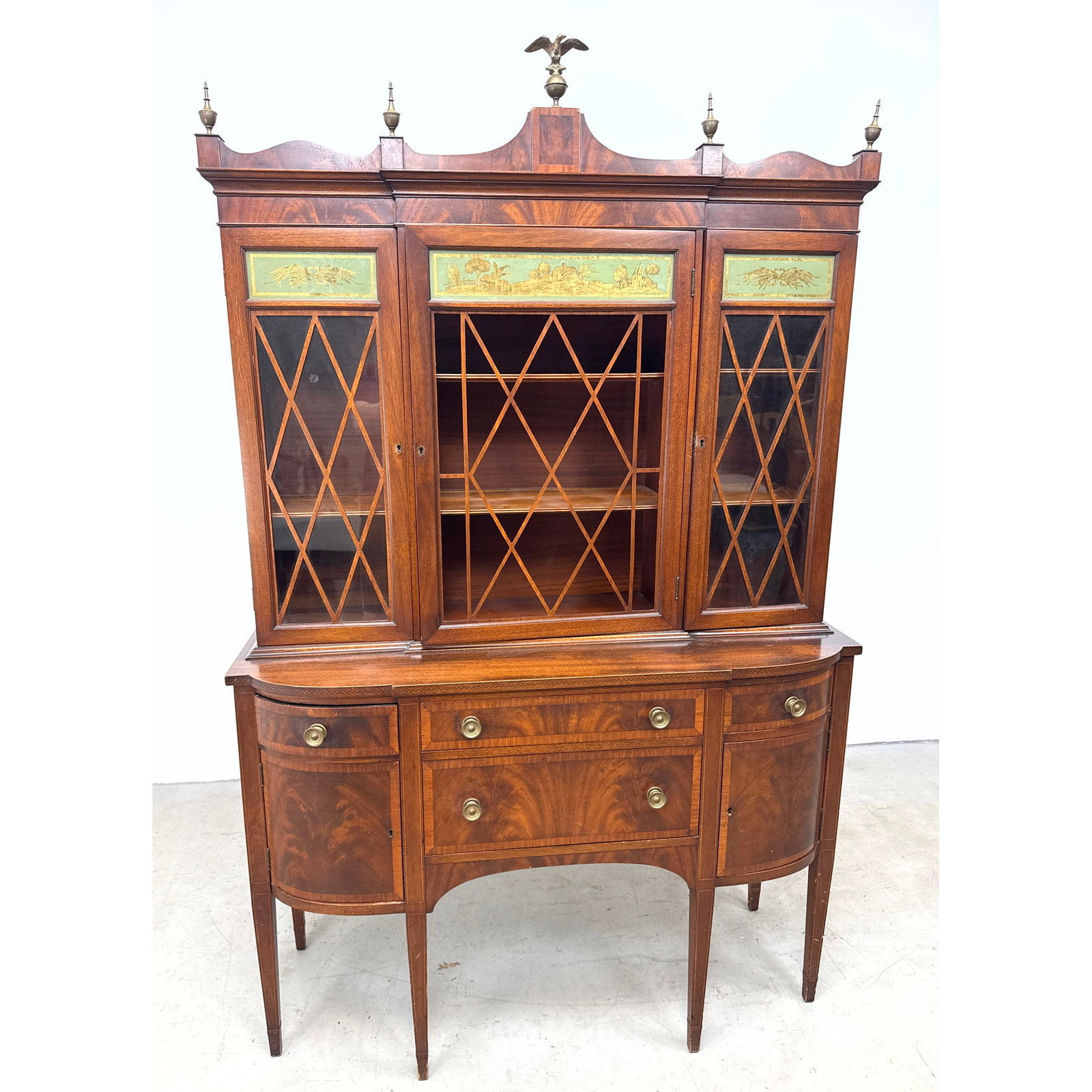 Federal Revival Mahogany and Inlaid Breakfront China Cabinet with Verre Eglomise Panels (1 of 18)