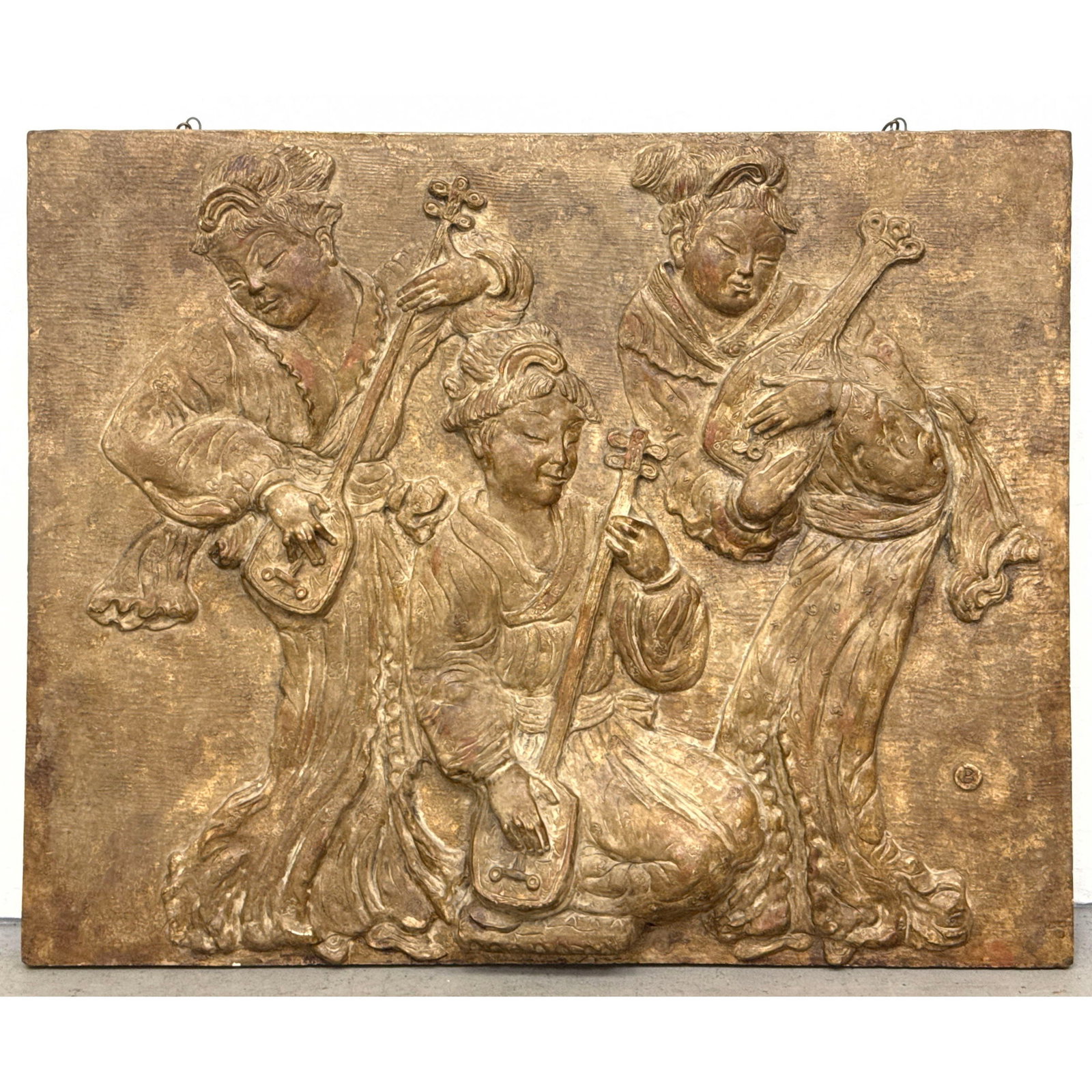 Large High Relief Fiberglass and Plaster Wall Sculpture Plaque Depicting a Chinese Musician Trio (1 of 13)