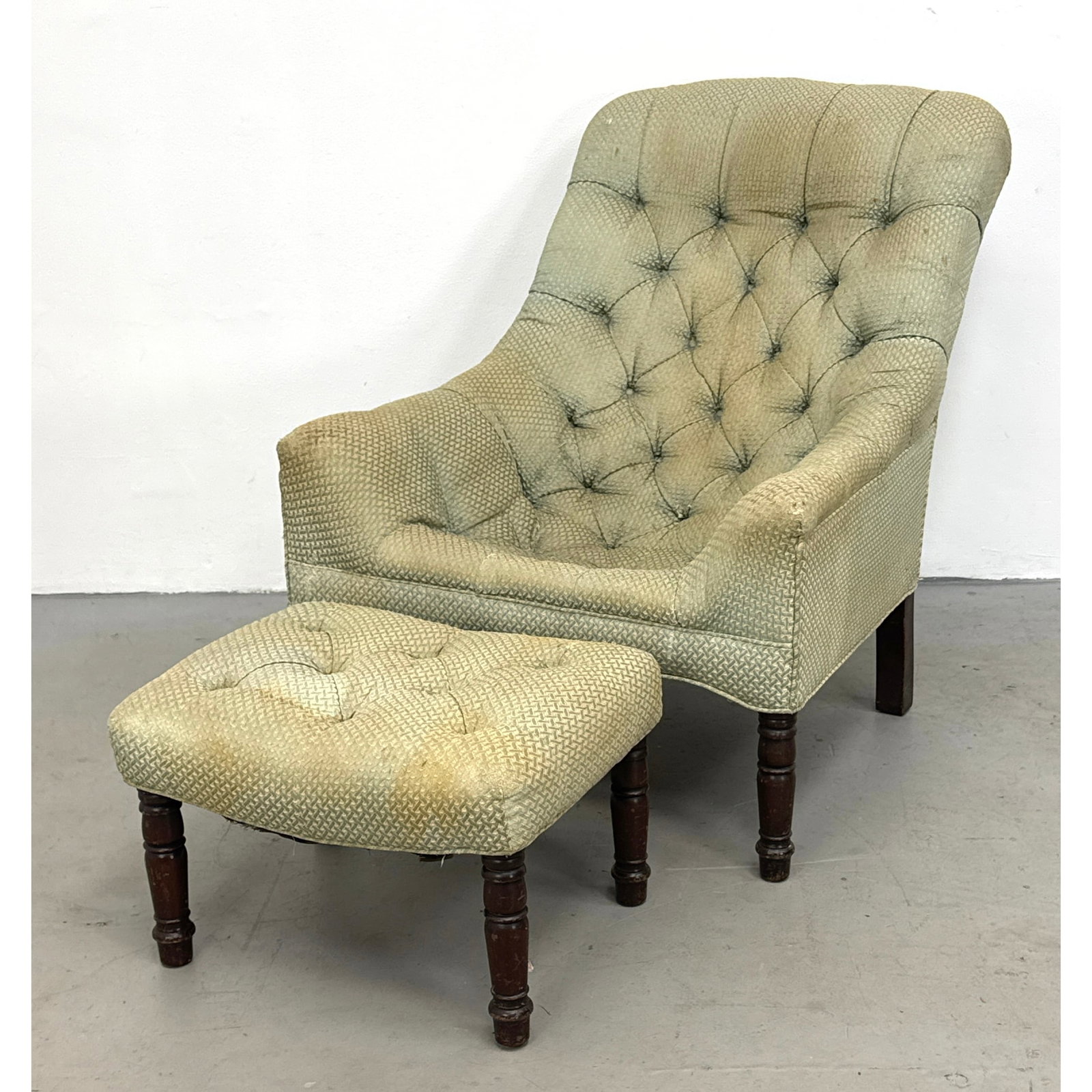 Kittinger Upholstered Lounge Chair and Matching Ottoman Tufting and Turned Wood Legs (1 of 14)