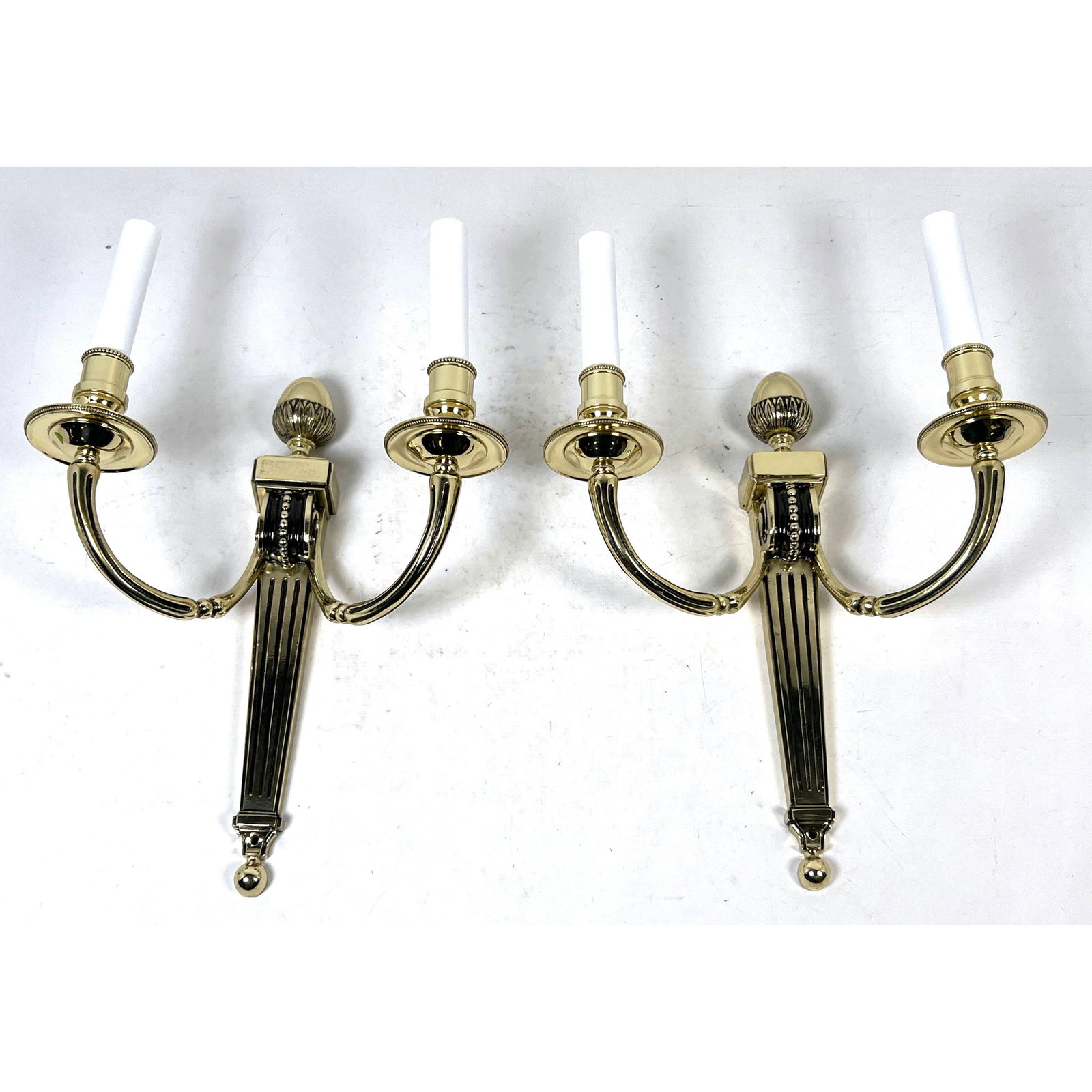Pr Neoclassical style 2 light polished brass wall sconces with black fluted accents and pineapple fi (1 of 10)