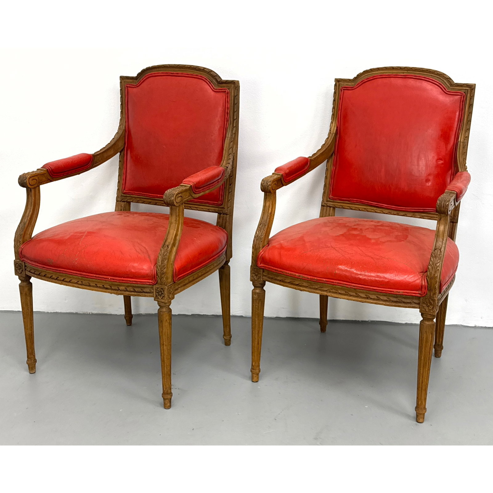 Pair French Louis XVI Style Carved Wood and Red Leather Armchairs (1 of 8)