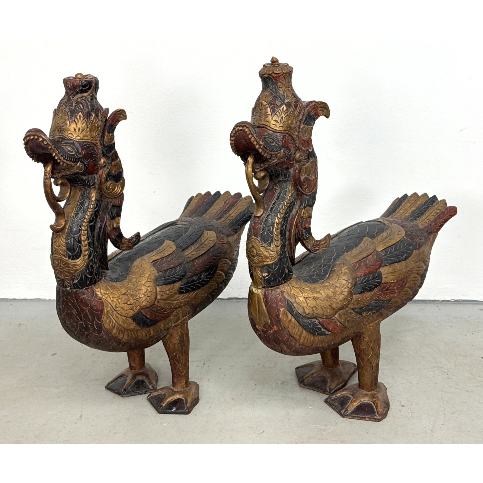 Pair large Southeast Asian hand carved gilt and polychrome wood Hong or Hamsa temple guardian bird s (1 of 13)