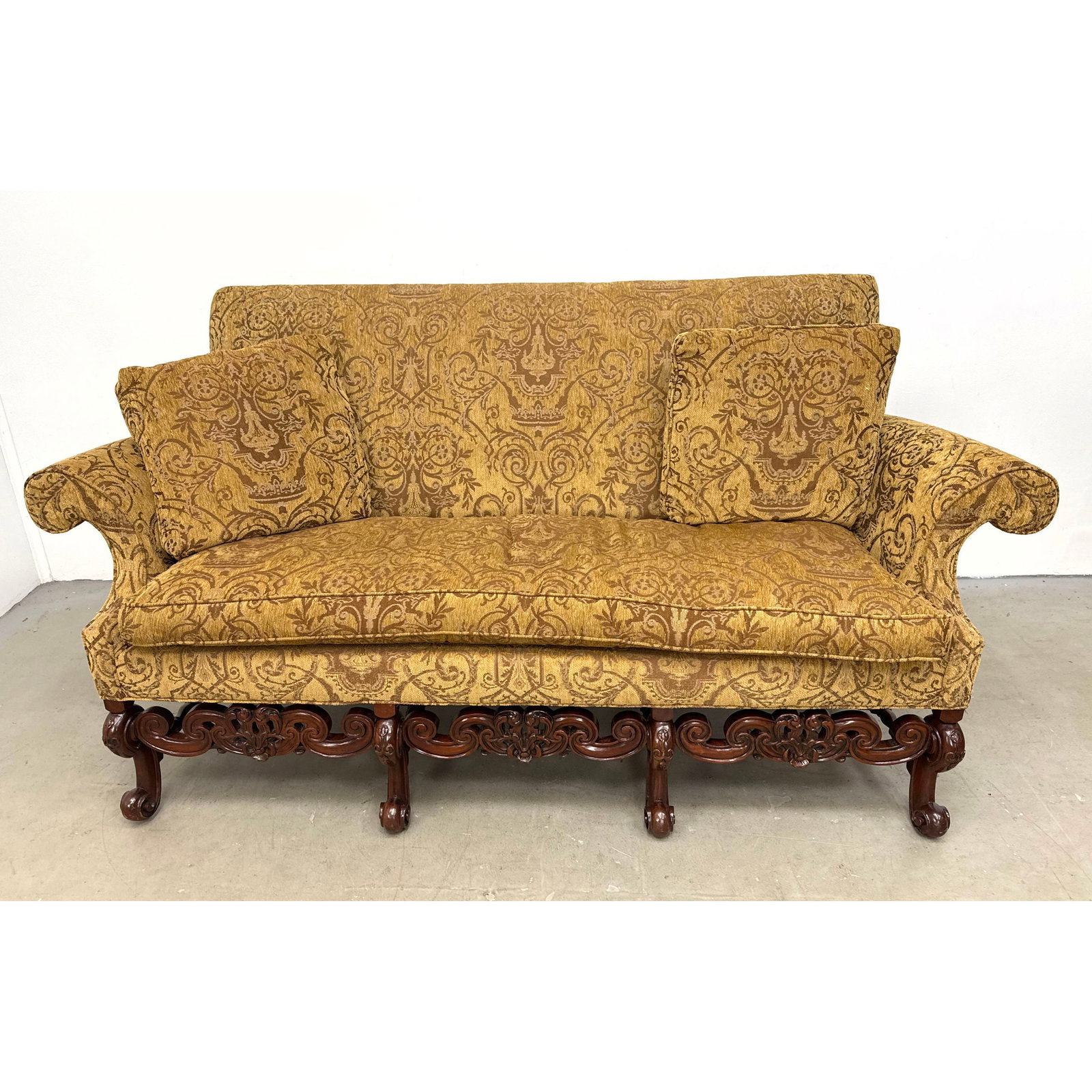 Southwood Furniture Mahogany Frame Settee with Carved Baroque Style Base and Damask Upholstery (1 of 13)