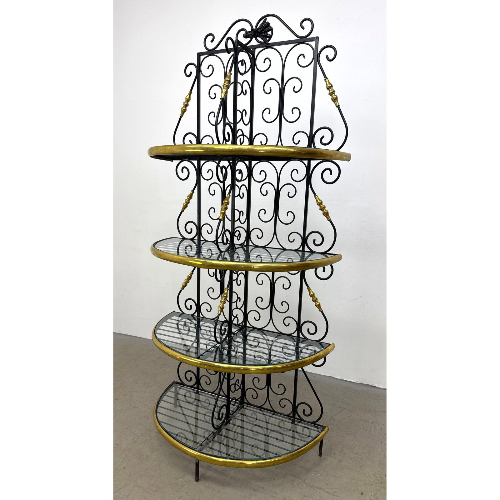 4-Tier Wrought Iron and Brass Etagere Bakers Rack in the French Style with Wheat Sheaf Finial and Gl (1 of 11)