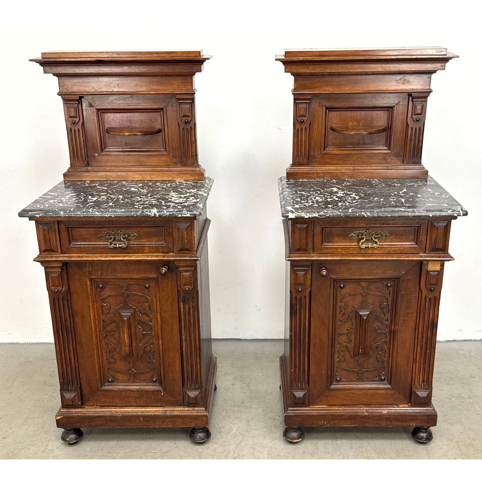 Pair of 19th Century Continental Renaissance Revival Walnut and Marble Top Bedside Cabinets with Tem (1 of 13)
