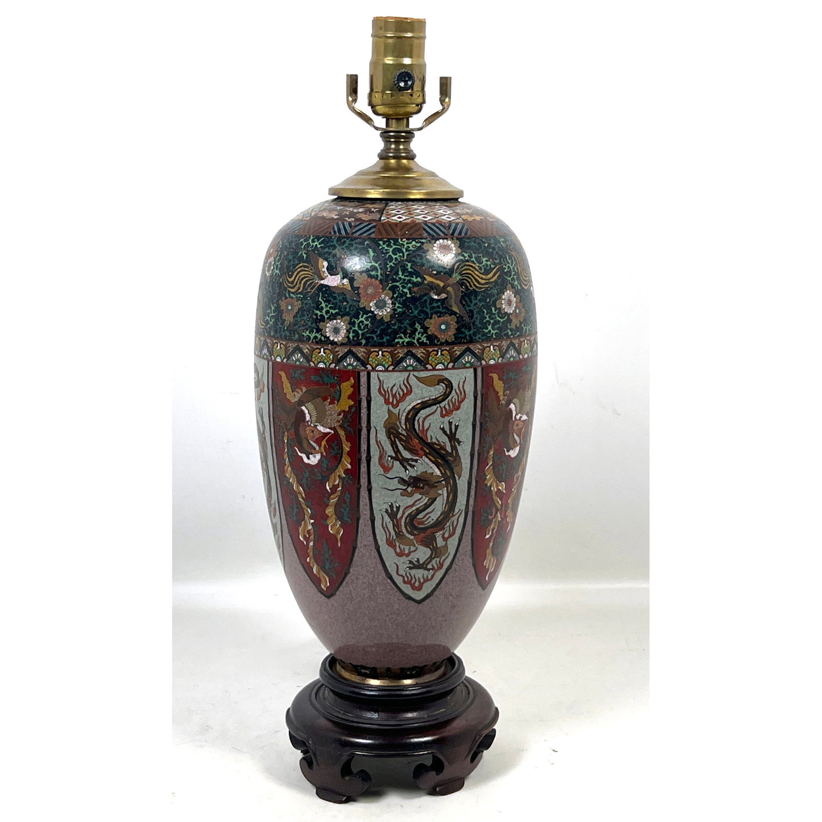 Japanese Meiji Period Cloisonne Enamel Dragon and Phoenix Electric Table Lamp with Goldstone Aventur (1 of 13)