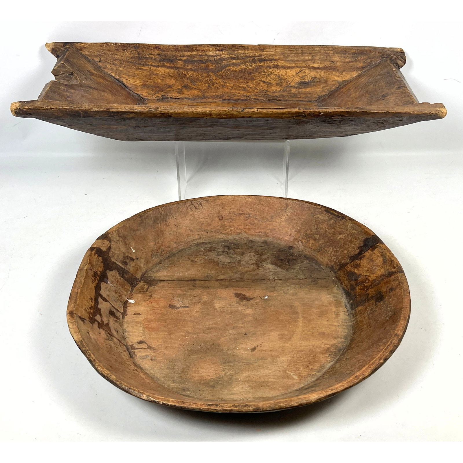 2 Primitive Hand Carved Wooden Dough Vessels including Large Circular Parat Bowl and Rectangular Tro (1 of 13)