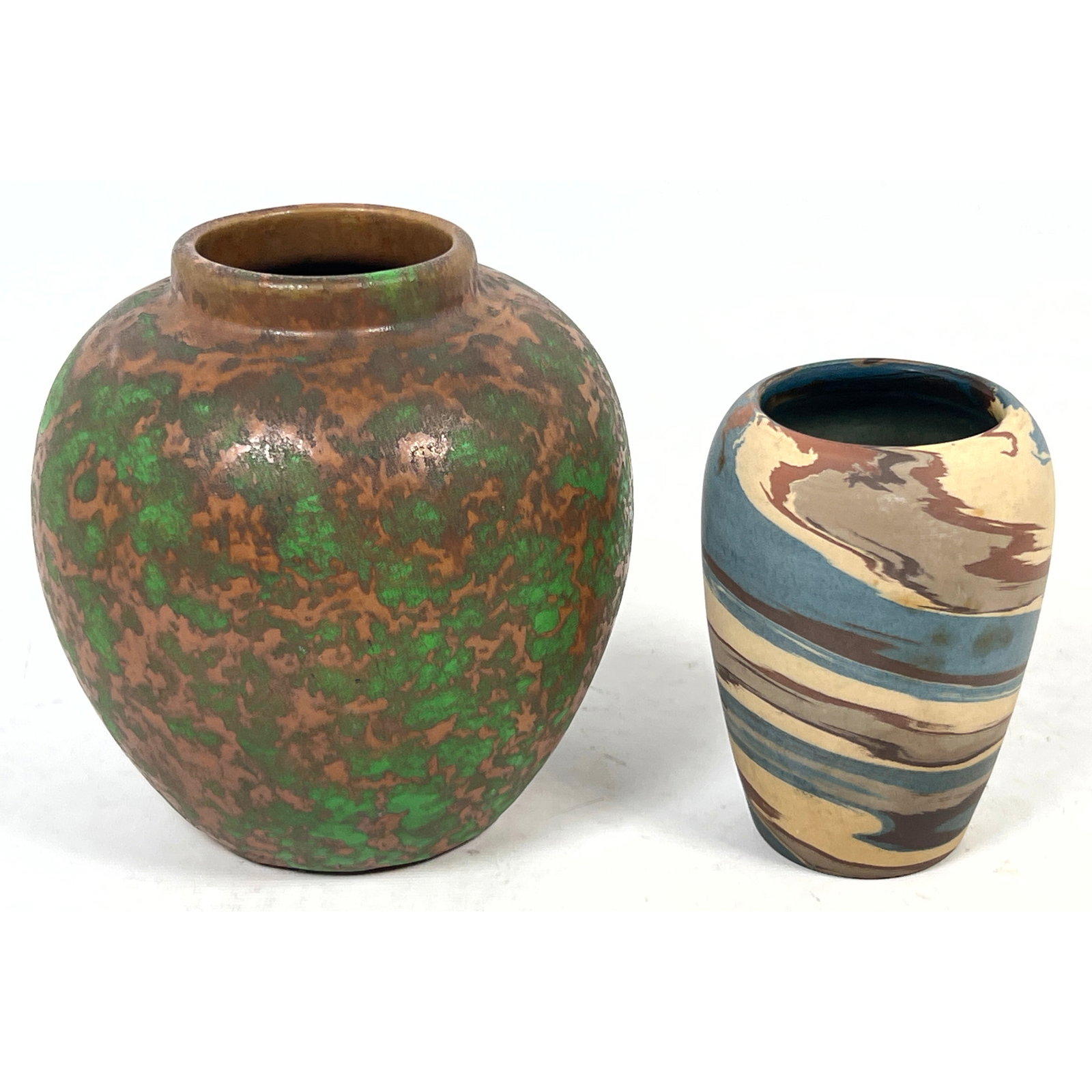 2pcs American Art Pottery Vases featuring Niloak Missionware Swirled Clay and Weller Pottery Coppert (1 of 14)
