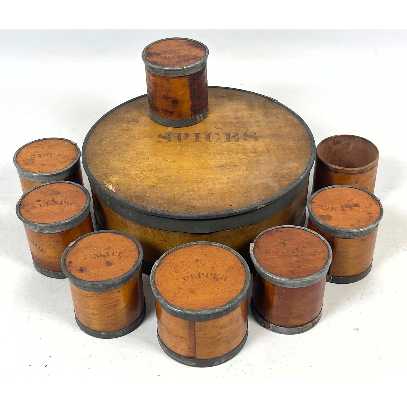 Circa 1850 American bentwood and metal spice box set with 8 individual canisters (1 of 11)