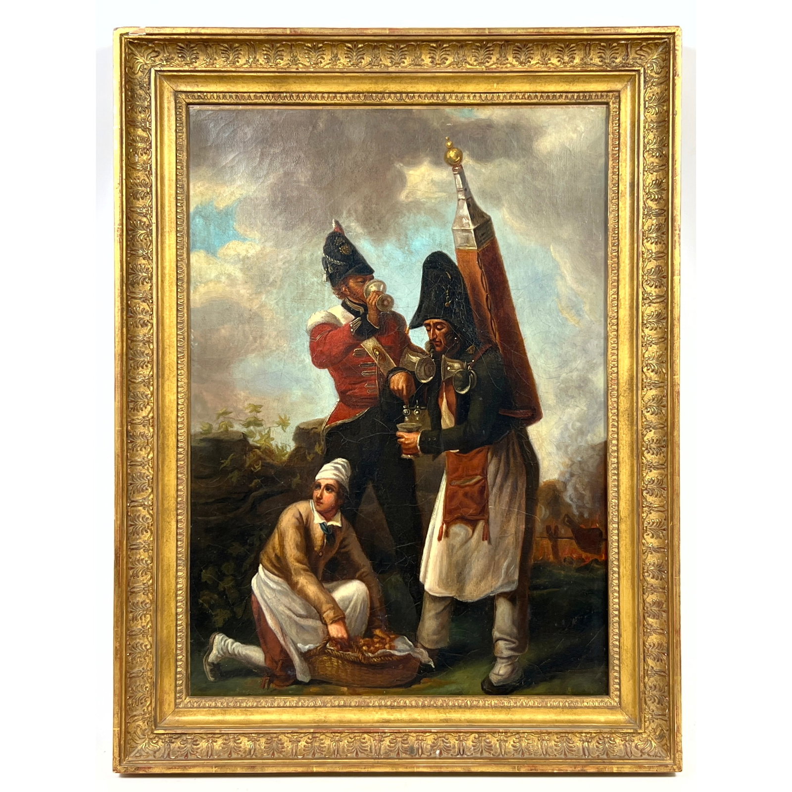 French School, 19th Century, Soldiers at a Bivouac. Christie Oct. 2 96 label on reverse. Military ge: French School, 19th Century, Soldiers at a Bivouac. Christie Oct. 2 96 label on reverse. Military genre scene in an encampment. The central composition features three figures: a soldier in a vibrant r