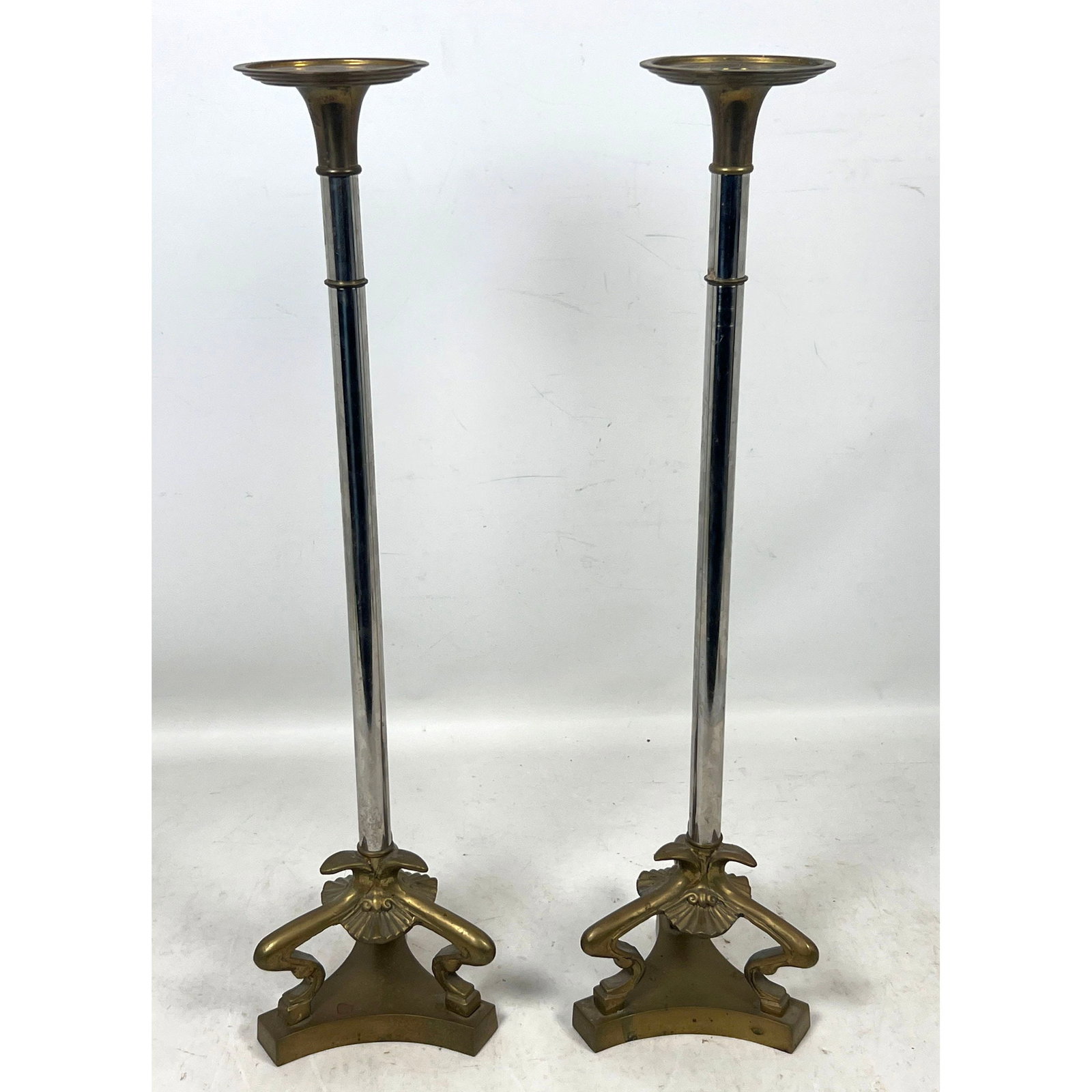 Pair of Neoclassical style Chrome and Brass Candlestick Lamps Att. To Maitland Smith (1 of 10)