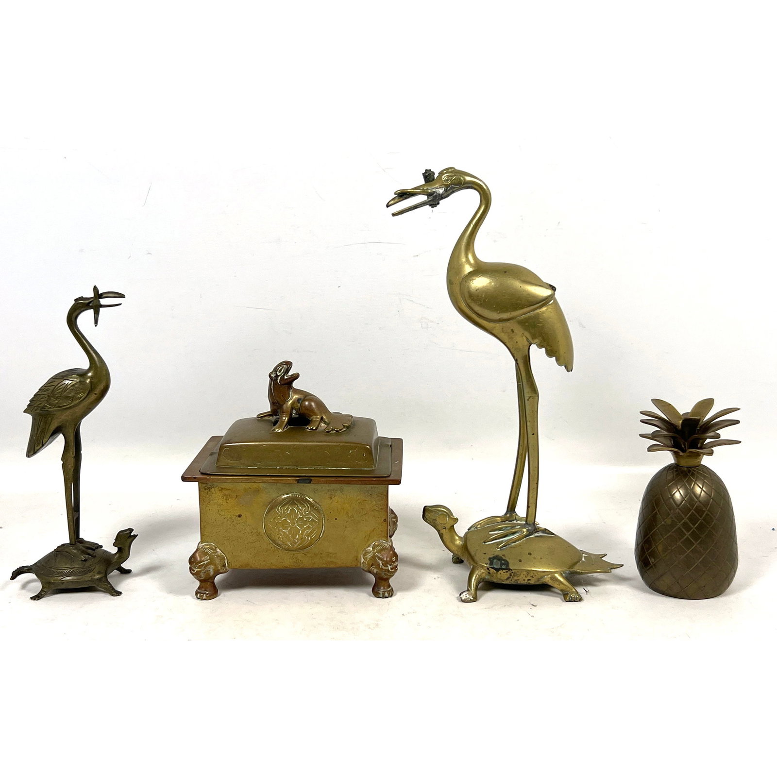 An Assortment of Japanese Style Brass Buddhist Altar Items Including Crane on Turtle Figurines Foote (1 of 16)