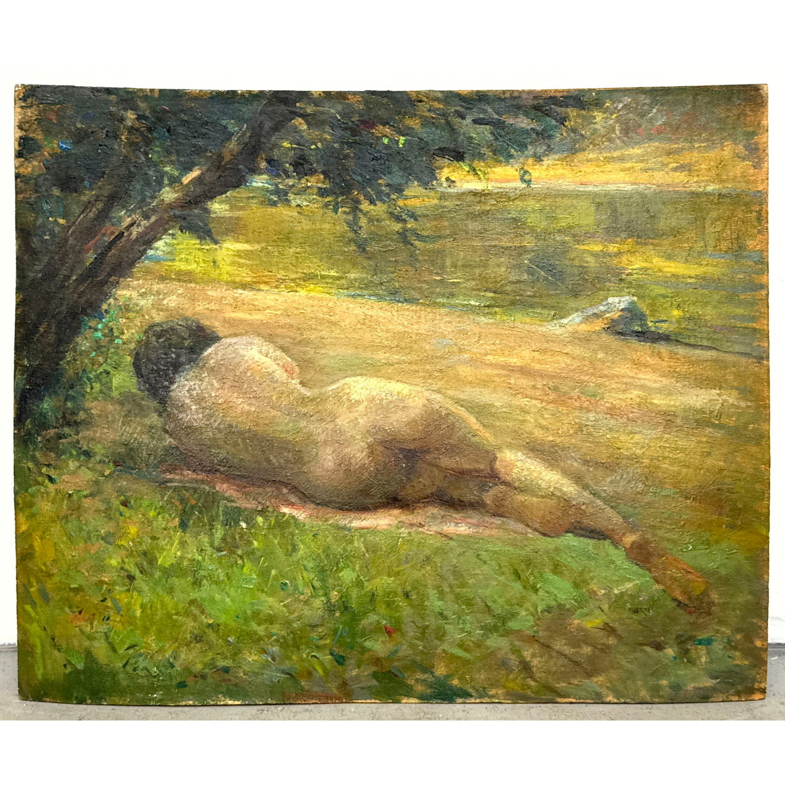 Antique Impressionist Oil on Board Painting of Nude figure. Unsigned.: Antique Impressionist Oil on Board Painting of Nude figure. Unsigned. Dimensions: Height: 23.75 inches, Width: 28.75 inches. ---