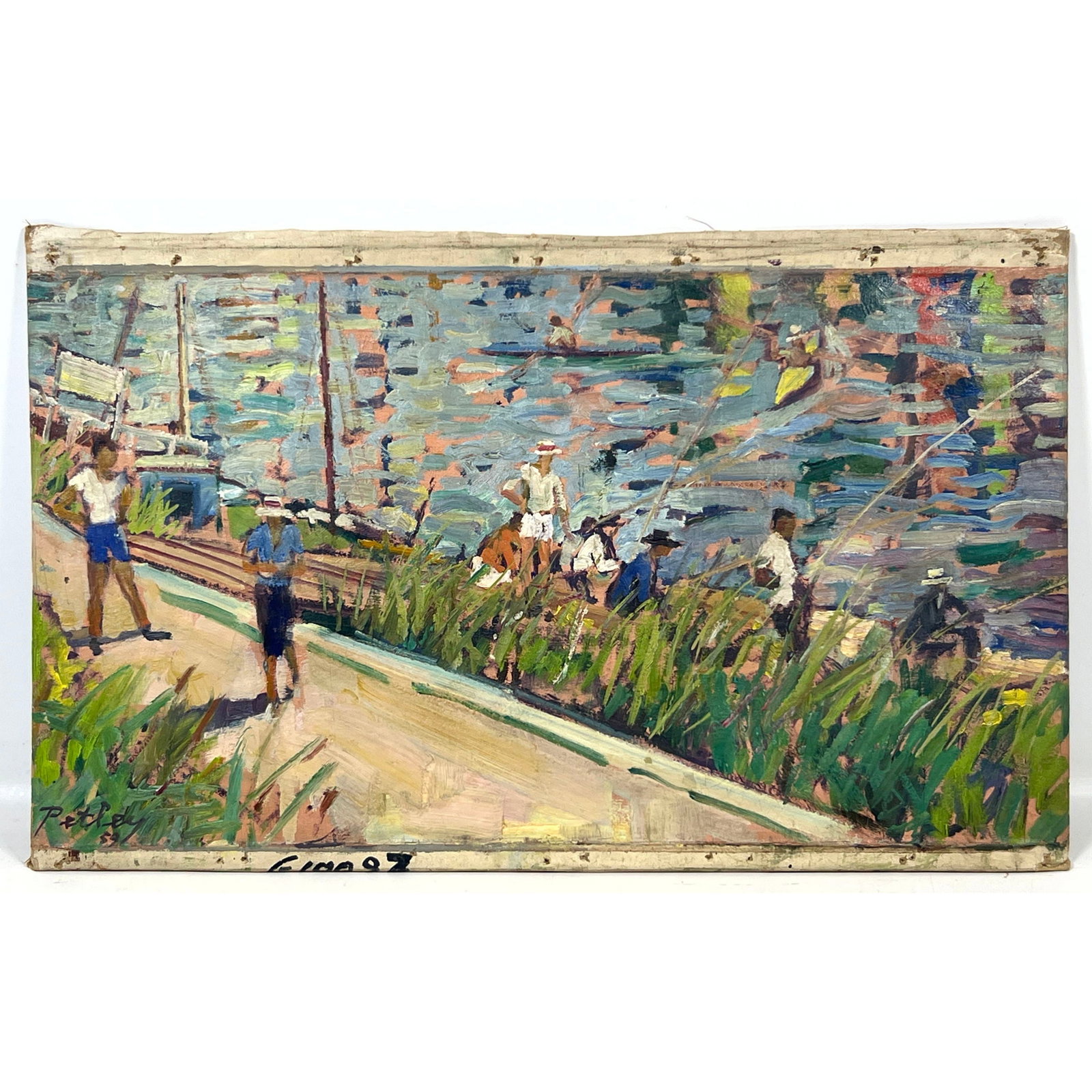 Llewellyn Petley-Jones Oil on Canvas over Board Painting titled Fishing Richmond. Signed Petley 59 l (1 of 12)