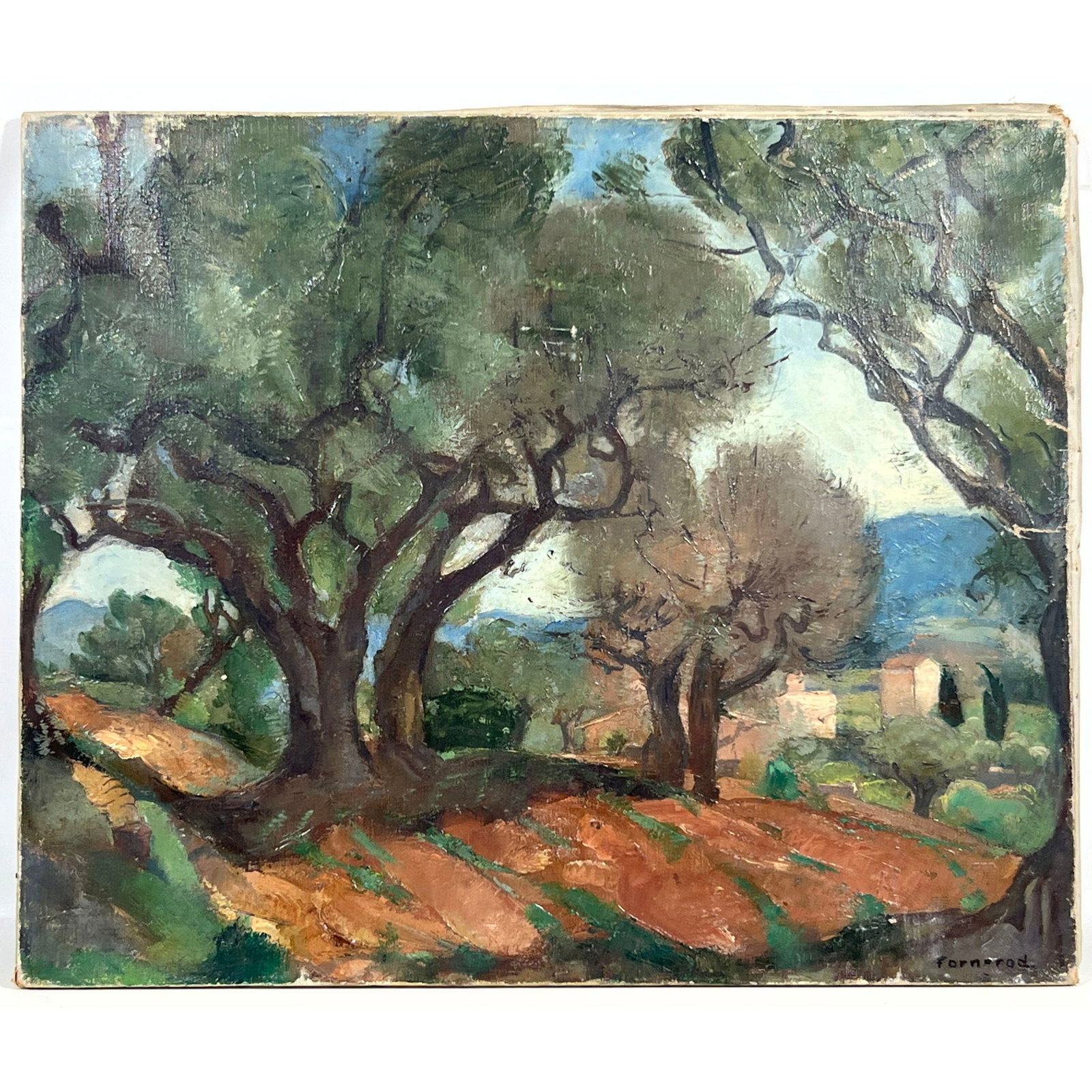 Rodolphe Fornerod signed oil painting on canvas. Post Impressionist landscape with olive trees and v (1 of 11)