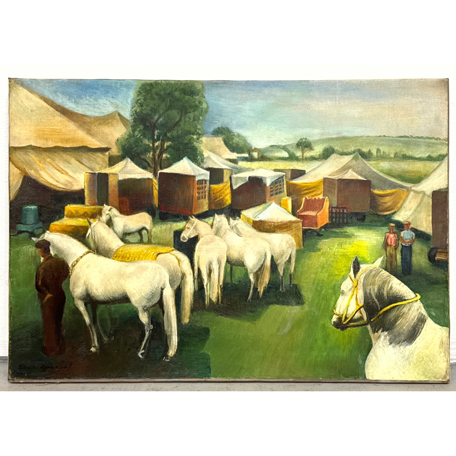 Slavko Gabriel Oil Painting on Canvas. Circus Scene with White Horses and Tents. Signed Lower Left. (1 of 7)