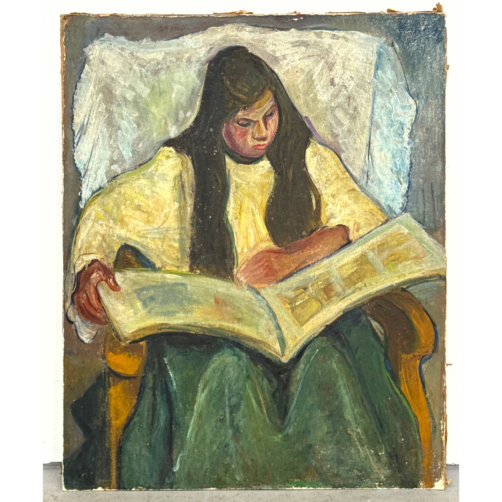 Stephan Volmer Kassez oil canvas laid on board painting. Portrait of a woman reading. Signed upper r: Stephan Volmer Kassez oil canvas laid on board painting. Portrait of a woman reading. Signed upper right and on verso. Expressionist style. Dimensions: Height: 32 inches, Width: 27.5 inches. ---