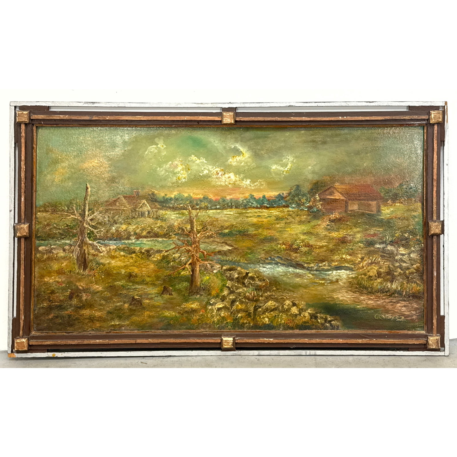 Signed American Rural Landscape Oil on Canvas Board with Stream and Farm Buildings in Multi layered: Signed American Rural Landscape Oil on Canvas Board with Stream and Farm Buildings in Multi layered Frame Dimensions: Frame Height: 29.25 inches, Frame Width: 50.5 inches. - Image Size: Image Height: 