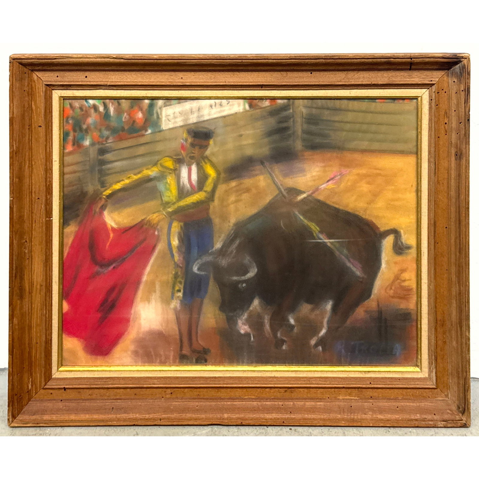 R. Trotta Pastel Drawing on Paper. Spanish Bullfight Scene featuring Matador and Bull. Signed lower: R. Trotta Pastel Drawing on Paper. Spanish Bullfight Scene featuring Matador and Bull. Signed lower right. Framed under glass. Dimensions: Height: 26 inches, Width: 32.75 inches. ---