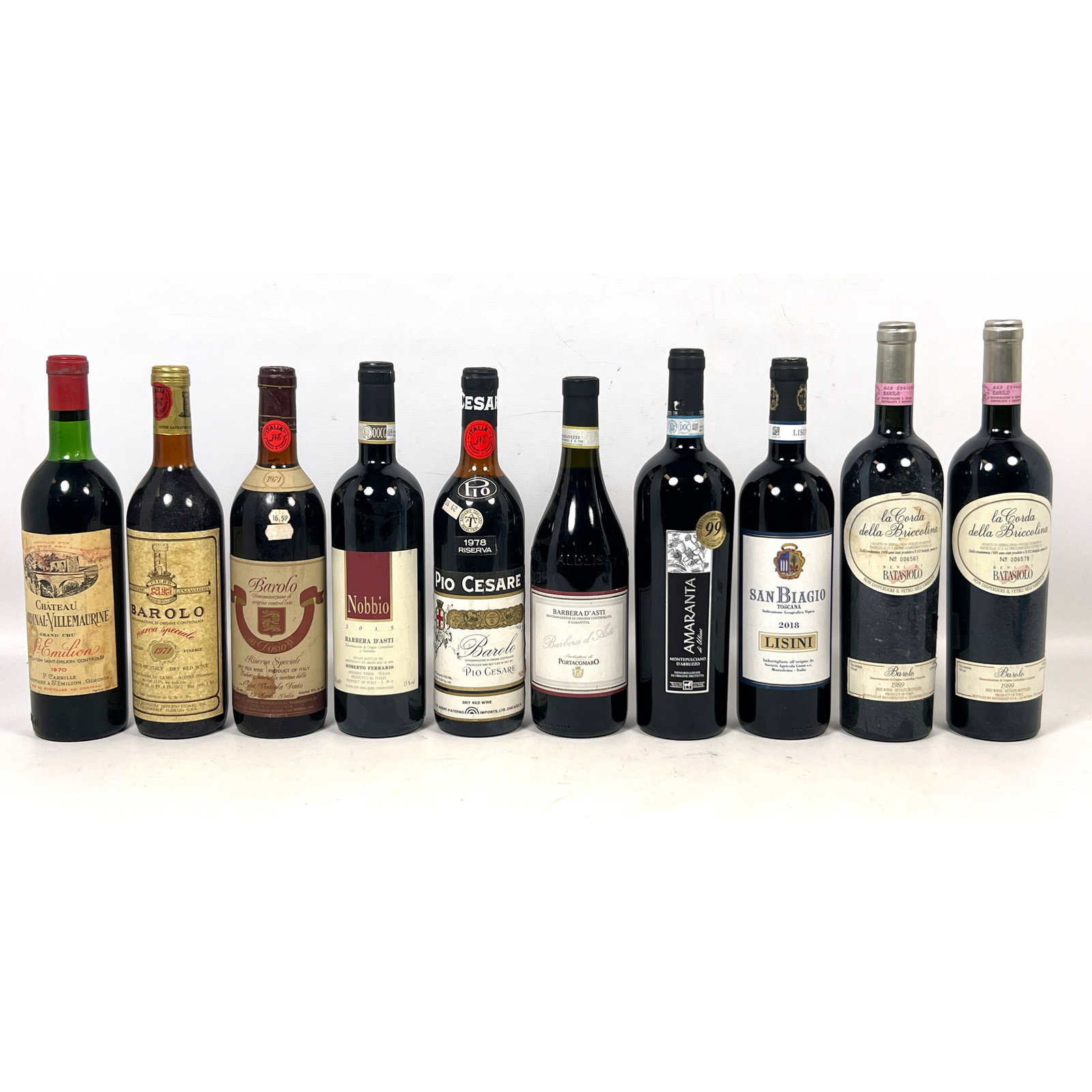 10pcs vintage red wine selections primarily from Italian regions such as Piedmont, Tuscany, and Abru: 10pcs vintage red wine selections primarily from Italian regions such as Piedmont, Tuscany, and Abruzzo, along with a bottle from France. Featured vintages include Beni di Batasiolo Barolo la Corda de