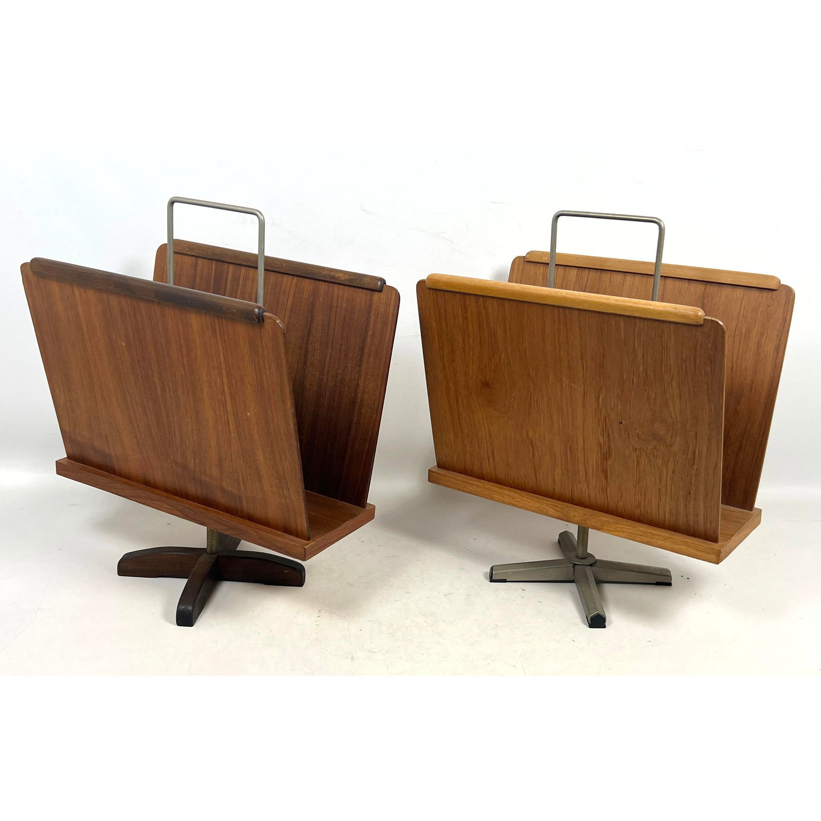 2 Vintage Danish Modern Teak and Steel Swiveling Magazine Racks, Stordal Norway, marked Norway.: 2 Vintage Danish Modern Teak and Steel Swiveling Magazine Racks, Stordal Norway, marked Norway. Dimensions: Height: 17 inches, Width: 8.5 inches, Depth: 14 inches. ---