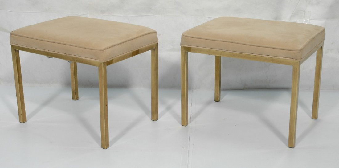 Pr MASTERCRAFT Brass Frame Upholstered Benches. O: Pr MASTERCRAFT Brass Frame Upholstered Benches. Oatmeal ultra suede fabric. Square brass frame. Tagged. 2 pcs. -- Dimensions: H: 18.75 inches: W: 22.5 inches: D: 17.75 inches ---
