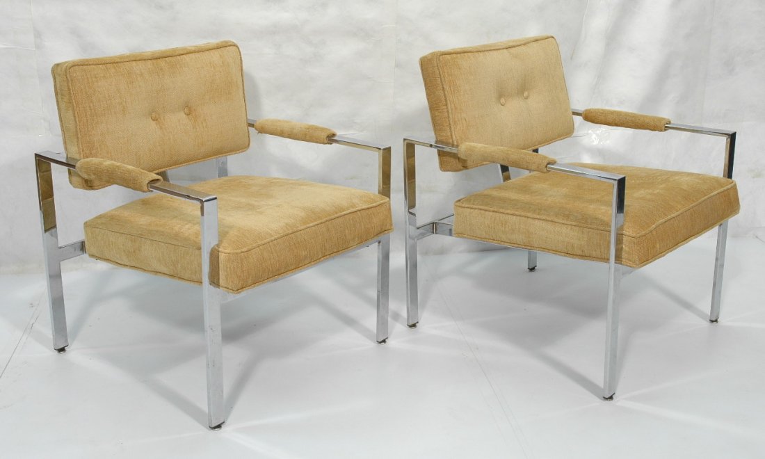 Pr MILO BAUGHMAN Chrome Frame Lounge Chairs. Pale: Pr MILO BAUGHMAN Chrome Frame Lounge Chairs. Pale gold upholstery. Not marked. 2 pcs. -- Dimensions: H: 30.25 inches: W: 25.75 inches: D: 27.75 inches ---