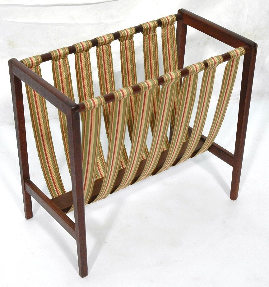 Danish Modern Magazine Rack. Striped Ribbon Strap: Danish Modern Magazine Rack. Striped Ribbon Straps. -- Dimensions: H: 18 inches: W: 20 inches: D: 10.5 inches ---