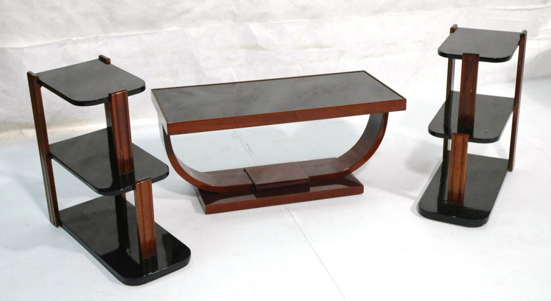3 pcs Art Deco Table Set. Black Lacquer & Wood. P: 3 pcs Art Deco Table Set. Black Lacquer & Wood. Pr 3 tiered side tables. One low coffee cocktail table with inset black glass top and arched base. 3 pcs. -- Dimensions: H: 22.5 inches: W: 11 inches: D