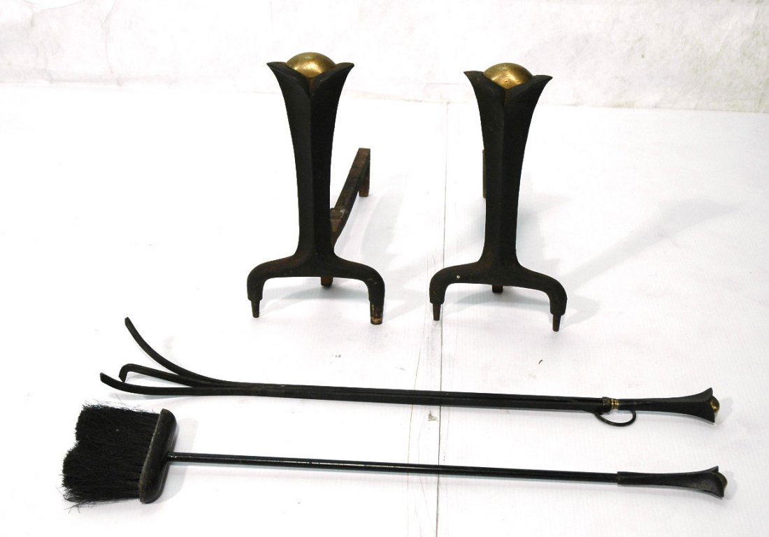 DONALD DESKEY Decorator Andirons & Fireplace Tool: DONALD DESKEY Decorator Andirons & Fireplace Tools. Black iron & brass accents. Marked: BENNETT. -- Dimensions: H: 15.25 inches: W: 7.25 inches: D: 17 inches ---