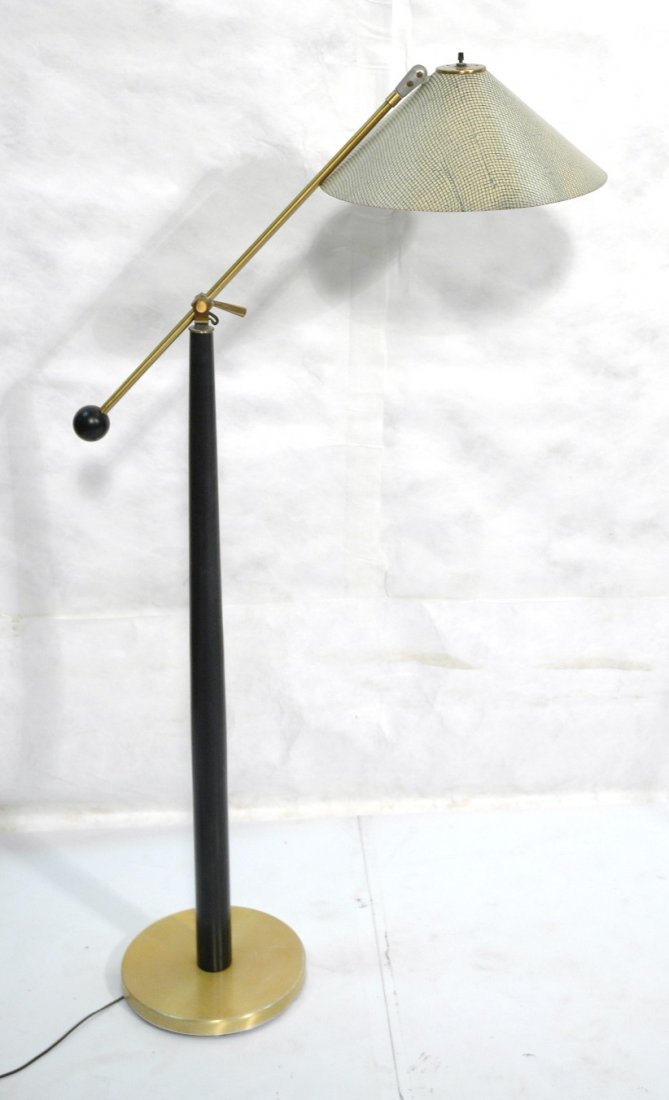 Mid Century Floor Lamp. Ebonized Wood Column with: Mid Century Floor Lamp. Ebonized Wood Column with counter balance brass arm. Fiberglass cone shade. -- Dimensions: H: 56 inches: W: 29 inches ---