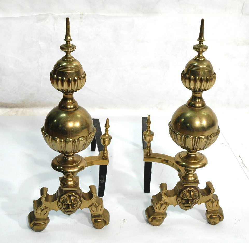 Pr Brass Double Ball Form Andirons. Lion heads.: Pr Brass Double Ball Form Andirons. Lion heads.-- Dimensions: H: 25 inches: W: 9 inches: D: 22 inches ---