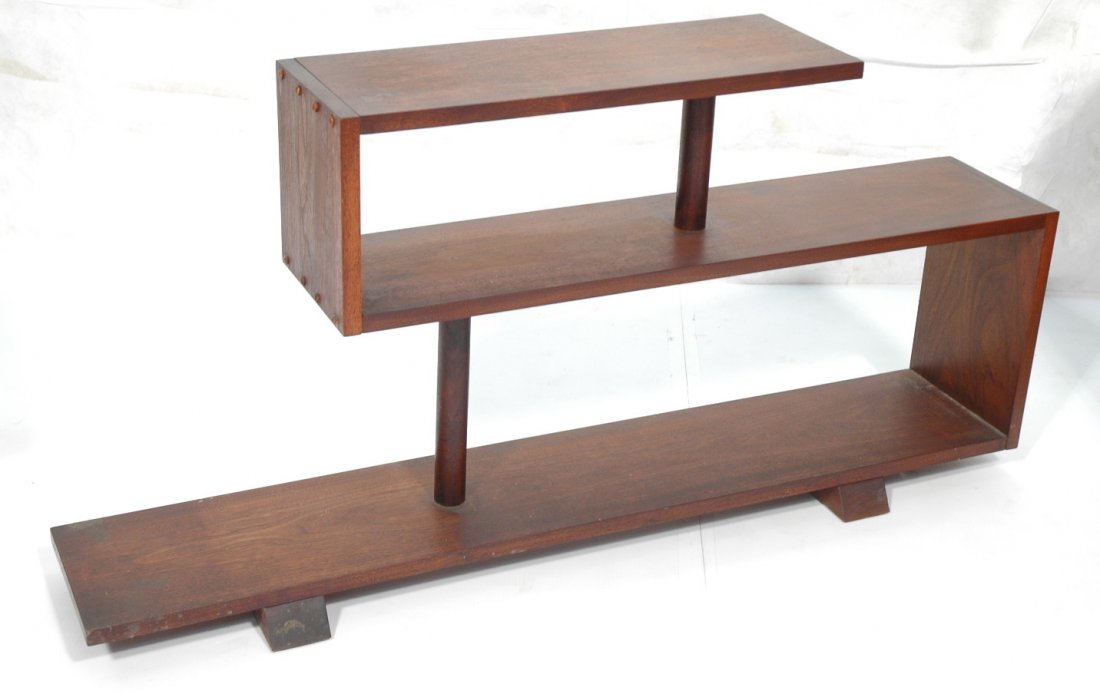 Three Tier Art Deco Bookshelf Display Unit. Wood: Three Tier Art Deco Bookshelf Display Unit. Wood cap accents. -- Dimensions: H: 24 inches: W: 48.5 inches: D: 11 inches ---