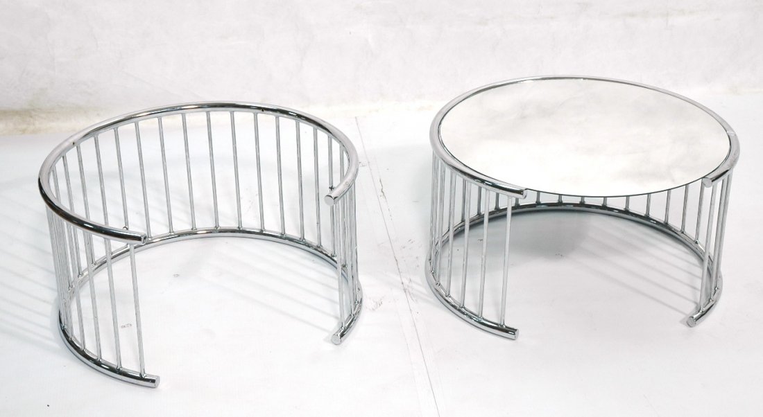 Pr Round Chrome Side End Tables. Glass tops suppo: Pr Round Chrome Side End Tables. Glass tops supported by drum style base with vertical chrome rods. -- Dimensions: H: 12.75 inches: W: 23.5 inches: D: 23.5 inches ---