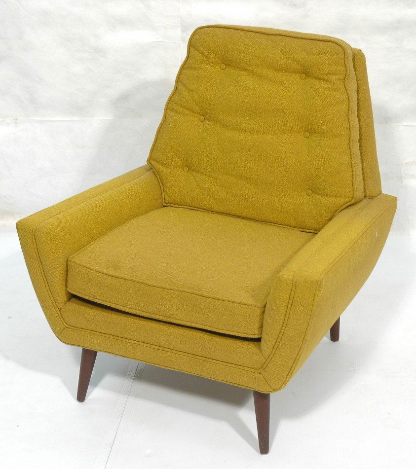 ADRIAN PEARSALL style Lounge Chair. Tall Tapered: ADRIAN PEARSALL style Lounge Chair. Tall Tapered Back. Gold Fabric Upholstery. Tapered walnut peg legs. Flexsteel Conversion.-- Dimensions: H: 35.25 inches: W: 32.5 inches: D: 33.5 inches ---