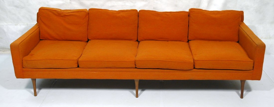 Long Orange MILO BAUGHMANN Thayer Coggin Sofa Cou: Long Orange MILO BAUGHMANN Thayer Coggin Sofa Couch. Four loose seat and back cushions. Square upholstered arms. Tapered wood legs. Attribution; Not marked.-- Dimensions: H: 28 inches: W: 96 inches: D