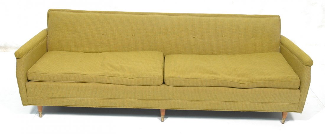 Green Mid Century Sofa Couch. Wood Peg Legs. Unma: Green Mid Century Sofa Couch. Wood Peg Legs. Unmarked.-- Dimensions: H: 27.5 inches: W: 88.5 inches: D: 31.75 inches ---