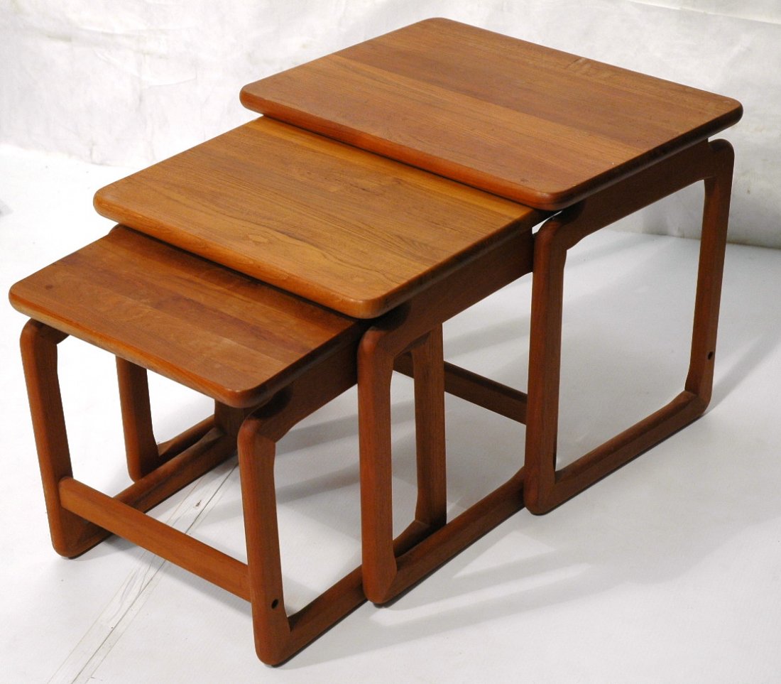 Danish Modern Teak Nesting Tables. 3 piece set. S: Danish Modern Teak Nesting Tables. 3 piece set. Solid teak. Not marked.-- Dimensions: ---