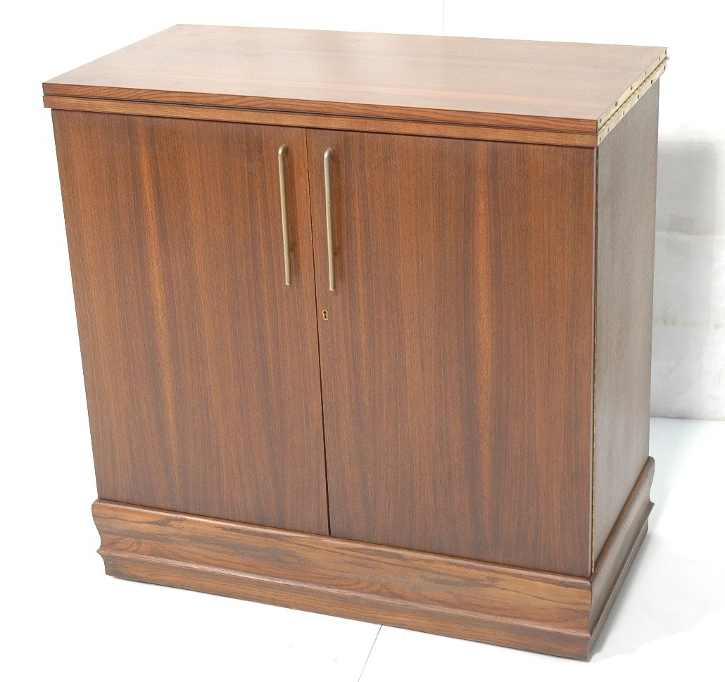 American Modern Walnut Bar Cabinet. Flip top over: American Modern Walnut Bar Cabinet. Flip top over 2 drawers. Metal Pulls.-- Dimensions: H: 37 inches: W: 36 inches: D: 18 inches ---