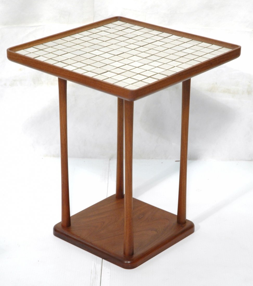 MARTZ Marshall Studios Tile Top Walnut Side Table: MARTZ Marshall Studios Tile Top Walnut Side Table. 1" tiles glazed tiles. Not marked. -- Dimensions: H: 20 inches: W: 16.5 inches: D: 16.5 inches ---