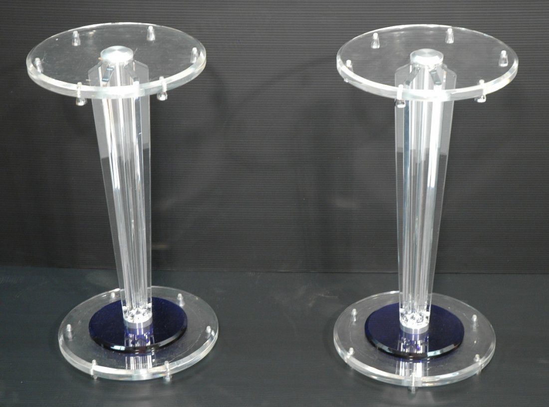 Pr Lucite Contemporary Memphis style Pedestals. C: Pr Lucite Contemporary Memphis style Pedestals. Cobalt blue acrylic & aluminum accents. 2 pcs-- Dimensions: H: 26 inches: W: 18.5 inches ---