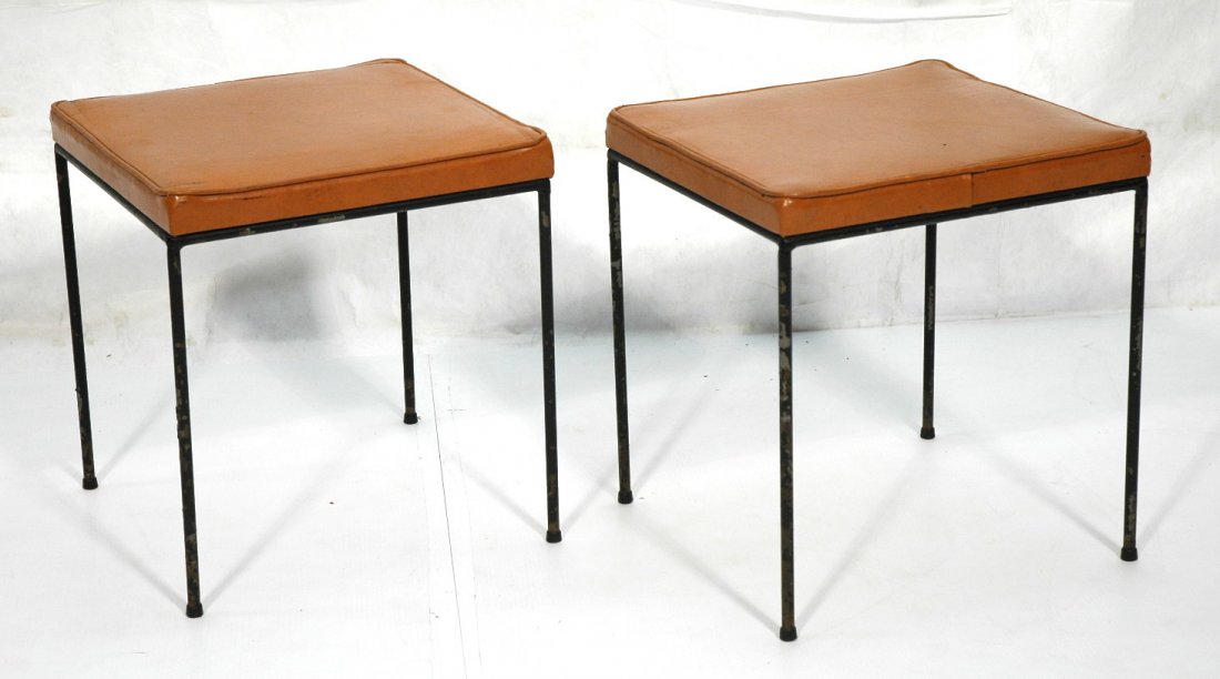 Pr WEINBERG Iron Leg Stool Benches. Brown vinyl u: Pr WEINBERG Iron Leg Stool Benches. Brown vinyl upholstered cushion tops.-- Dimensions: H: 17 inches: W: 16 inches: D: 16 inches ---