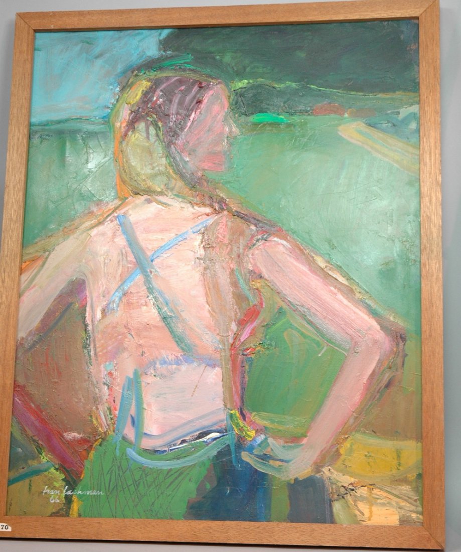 FRAN LACHMAN Oil Canvas Portrait of Woman. "Girl: FRAN LACHMAN Oil Canvas Portrait of Woman. "Girl in Landscape" Woodmere Art Gallery(Chestnut Hill, PA) Label. Signed & dated 66. -- Dimensions: H: 29.5 inches: W: 23.5 inches ---