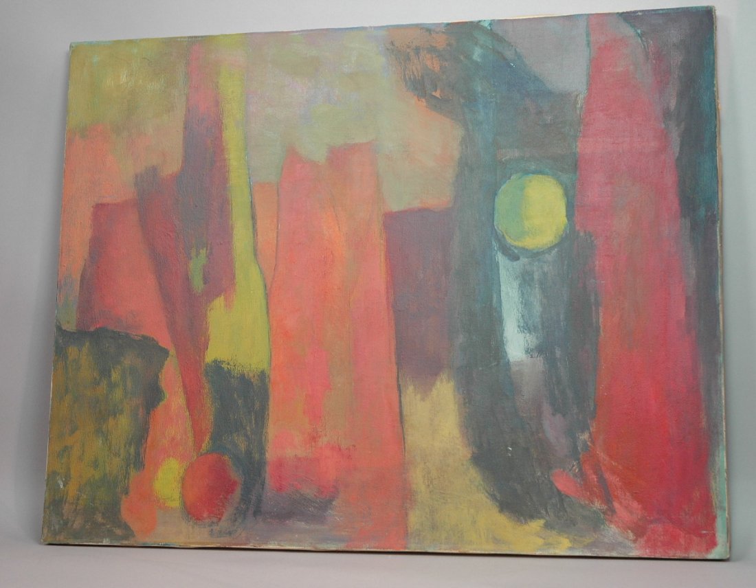 LEON J. KOZNIERCZAK 1967 Oil Canvas Painting. Abs: LEON J. KOZNIERCZAK 1967 Oil Canvas Painting. Abstract with red & green circles. Signed on stretcher. -- Dimensions: H: 22.75 inches: W: 28.25 inches ---