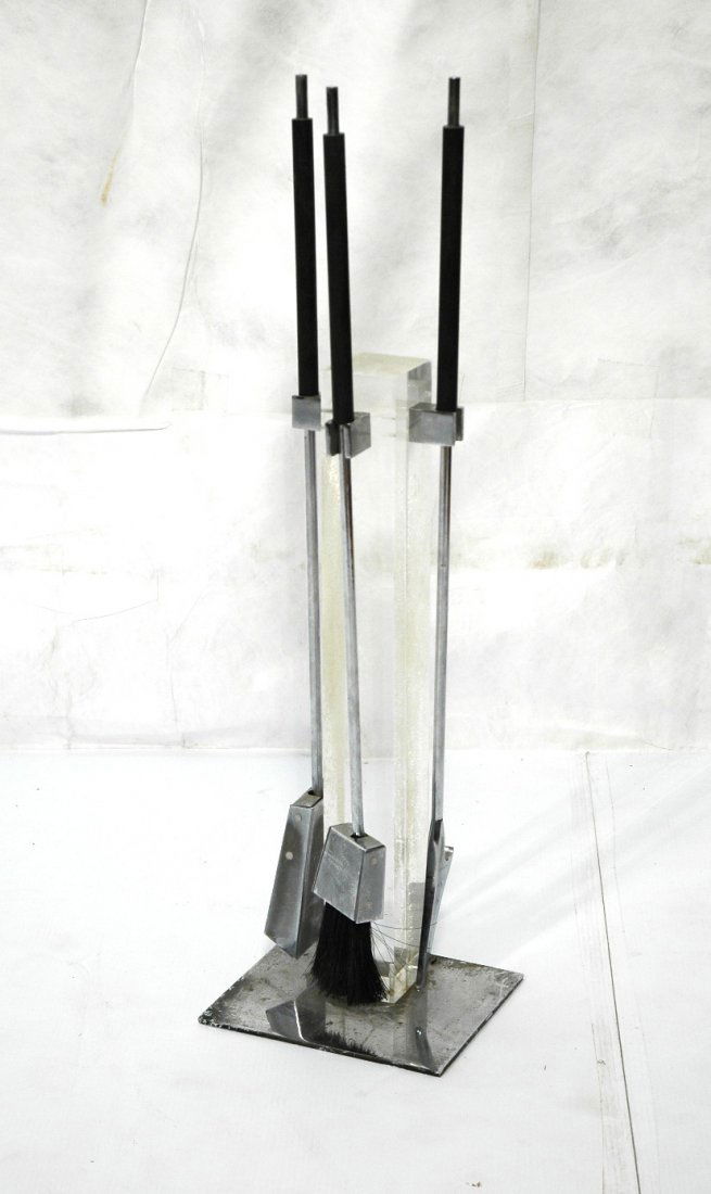 ALESSANDRO ALBRIZZI Lucite Chrome Fireplace Tools.: ALESSANDRO ALBRIZZI Lucite Chrome Fireplace Tools. Thick square Lucite column with 3 tools. Chrome accents & base. Not marked.-- Dimensions: H: 25 inches: W: 10 inches: D: 8.5 inches ---