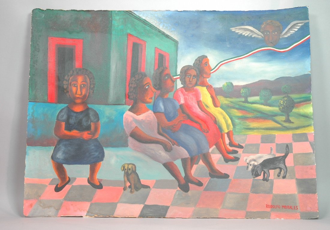 RODOLFO MORALES Oil on Paper Painting. Family wit: RODOLFO MORALES Oil on Paper Painting. Family with dogs in landscape. Signed. Arches Aquarelle Paper. -- Dimensions: H: 22.5 inches: W: 30 inches --- US Shipping charge: $28